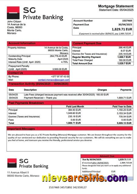 Monaco SG Private Banking (Monaco) mortgage statement Word and PDF template